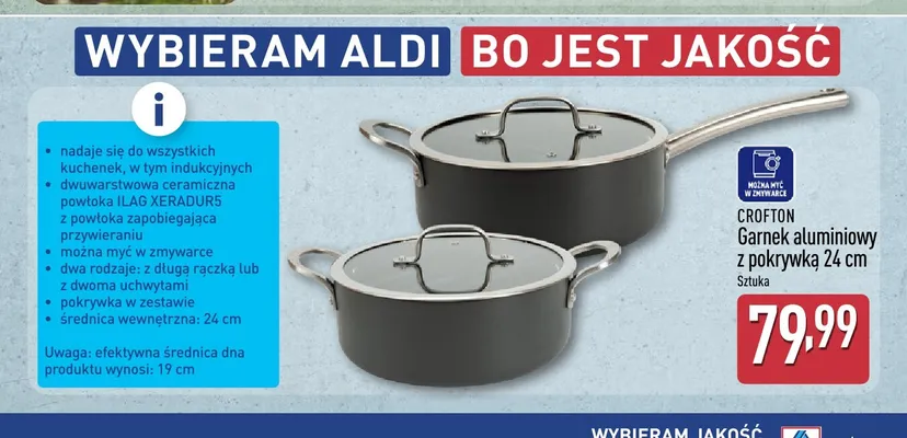 Garnek aluminiowy z pokrywką Crofton z długą rączką 24 cm promocja w Aldi