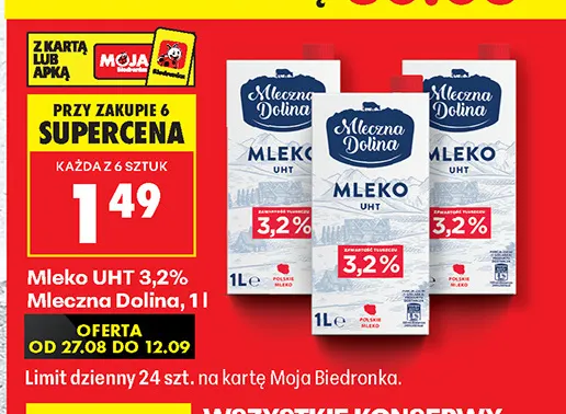 Mleko UHT Mleczna Dolina 3,2% promocja w Biedronka