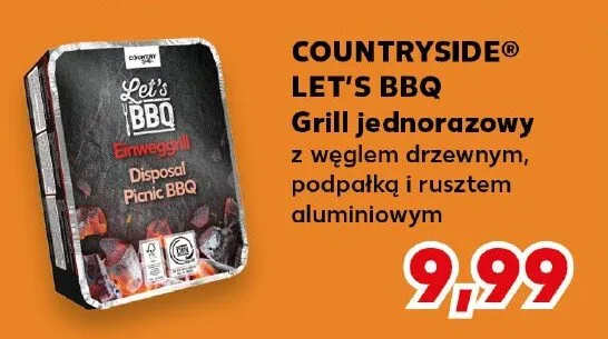Grill jednorazowy Countryside Let's BBQ z węglem drzewnym podpałką i rusztem aluminiowym promocja w Kaufland
