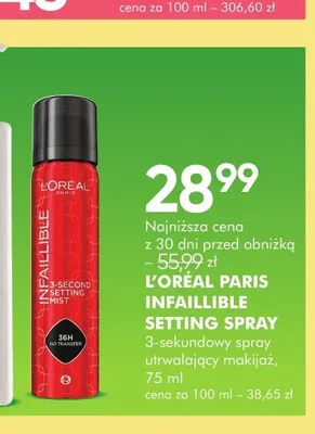 3-sekundowy spray utrwalający makijaż L'Oréal Paris Infaillible Setting Spray promocja w Super-Pharm