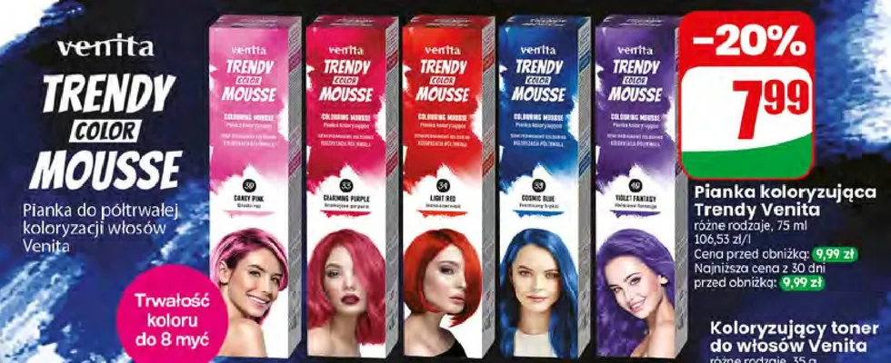 Pianka do półtrwałej koloryzacji włosów Venita Trendy Color Mousse Candy Pink do 8 myć promocja w Dino