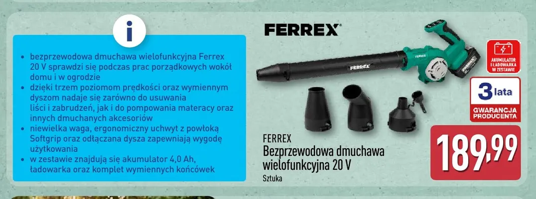 Bezprzewodowa dmuchawa wielofunkcyjna Ferrex promocja w Aldi