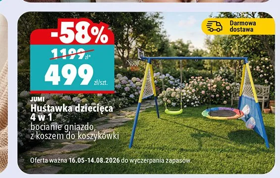 Huśtawka dziecięca 4 w 1 JUMI bocianie gniazdo z koszem do koszykówki promocja w Biedronka