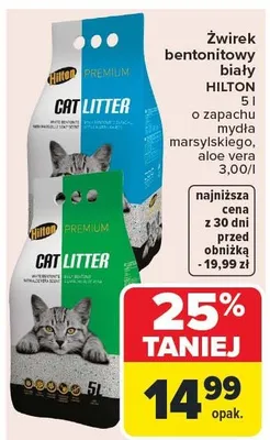 Żwirek bentonitowy biały Hilton o zapachu mięta marsylskiego, aloe vera 3.00/l promocja w Carrefour