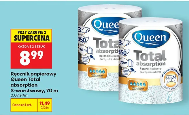 Ręcznik papierowy Queen Total absorption 3-warstwowy promocja w Biedronka