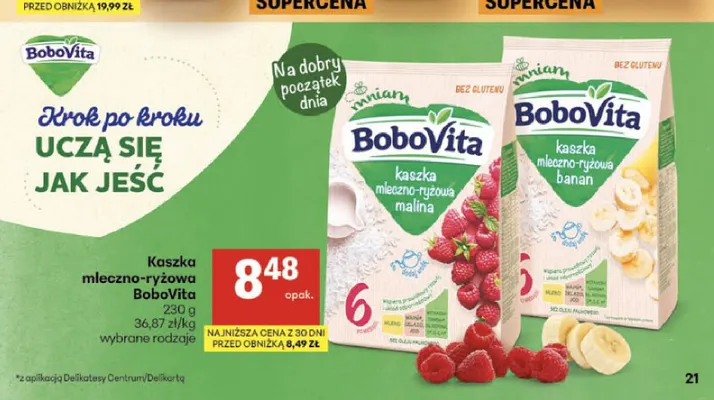 Kaszka mleczno-ryżowa z jabłkami i śliwkami Bobovita promocja w Delikatesy Centrum