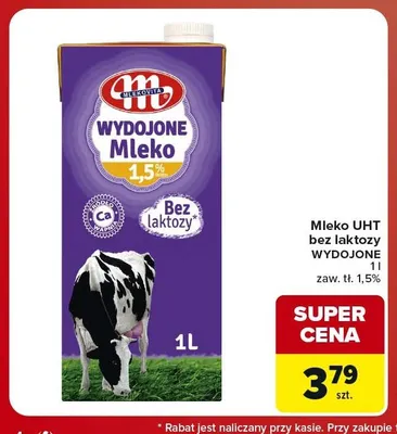 Mleko UHT bez laktozy Wydojone 1,5% promocja w Carrefour Market