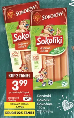 Parówki drobiowo-cielęce Sokoliki Sokołów promocja w Delikatesy Centrum