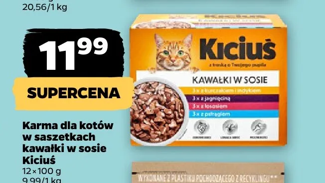 Karma dla kotów w saszetkach kawałki w sosie Kiciuś 12-pak promocja w Netto