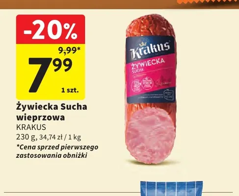 Kiełbasa żywiecka sucha wieprzowa Krakus promocja w Intermarche