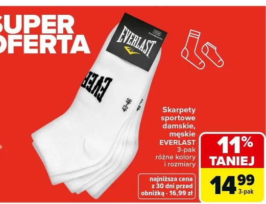 Skarpety sportowe damskie, męskie Everlast 3-pak różne kolory i rozmiary promocja w Carrefour