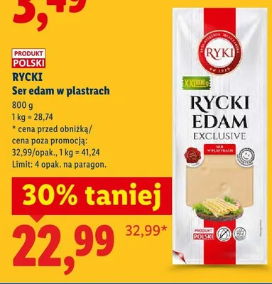 Ser edam w plastrach, 800 g promocja w Lidl