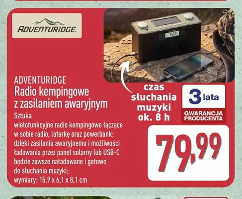 Radio kempingowe z zasilaniem awaryjnym Adventuridge promocja w Aldi