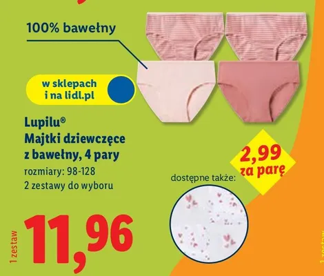 Majtki dziewczęce z bawełny, 4 pary rozmiary: 98-128 promocja w Lidl