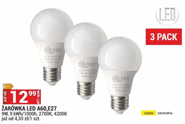 Żarówka LED A60 E27 9W 9kWh/1000h 2700K ciepła promocja w Merkury Market