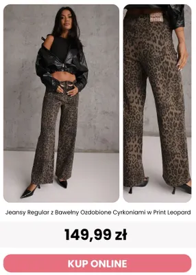Jeansy regular z bawełny ozdobione cyrkoniami w print leopard Renee promocja w Renee