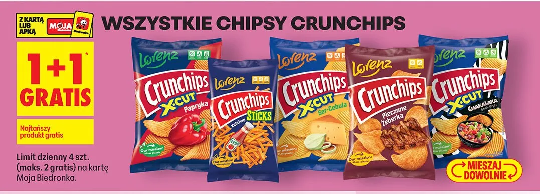 Chipsy Crunchips wszystkie 1+1 gratis promocja w Biedronka