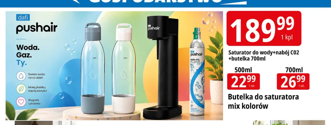 Saturator do wody Dafi Pushair + nabój CO2 + butelka 700 ml promocja w Leclerc