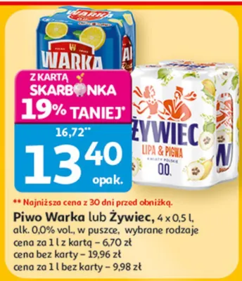 Piwo Warka lub Żywiec promocja w Auchan