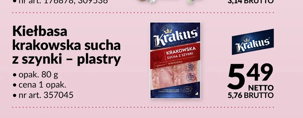 Kiełbasa krakowska sucha z szynki plastry Krakus promocja w Makro