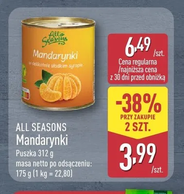 Mandarynki w syropie All Seasons promocja w Aldi