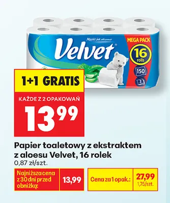 Papier toaletowy z ekstraktem z aloesu Velvet 16-pak promocja w Biedronka