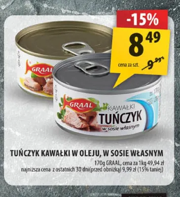 Tuńczyk kawałki w sosie własnym Graal promocja w Arhelan
