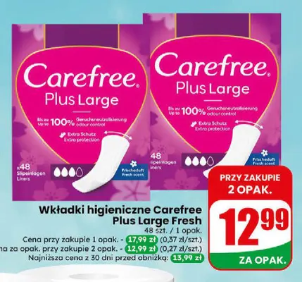 Wkładki higieniczne Carefree Plus Large Fresh promocja w Dino