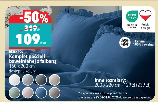 Komplet pościeli bawełnianej Detexpol z falbaną 200x220cm promocja w Biedronka Home