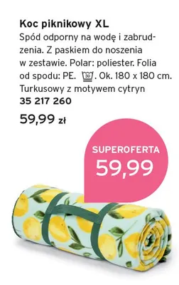 Koc piknikowy XL turkusowy z motywem cytryn ok. 180x180cm promocja w Tchibo