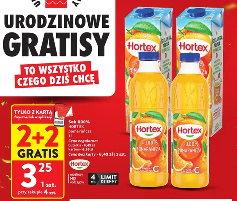 Sok pomarańcza butelka Hortex 100% promocja w Intermarche