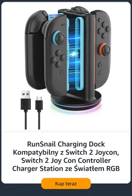Stacja ładująca RunSnail Charging Dock kompatybilna z Switch 2 Joycon ze światłem RGB promocja w Amazon