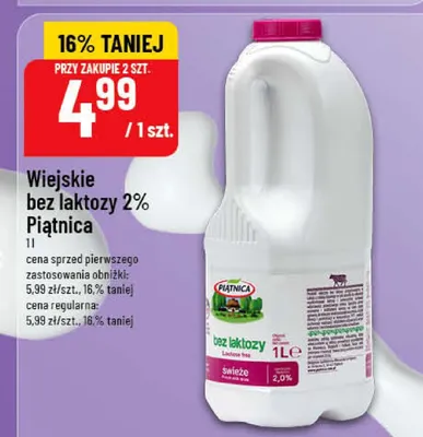 Mleko wiejskie bez laktozy 2% Piątnica promocja w POLOmarket