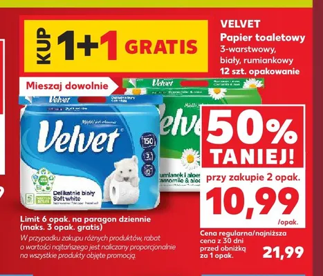 Papier toaletowy 3-warstwowy biały 12-pak Velvet promocja w Kaufland