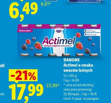 Napój probiotyczny Actimel o smaku owoców leśnych Danone promocja w Lidl