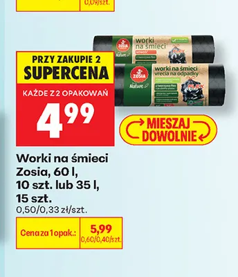 Worki na śmieci Zosia 60 l promocja w Biedronka