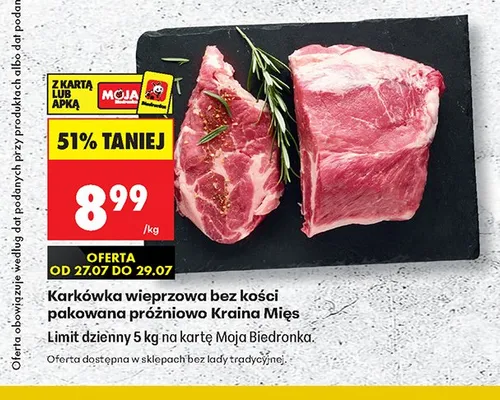 Karkówka wieprzowa bez kości pakowana próżniowo Kraina Mięs promocja w Biedronka
