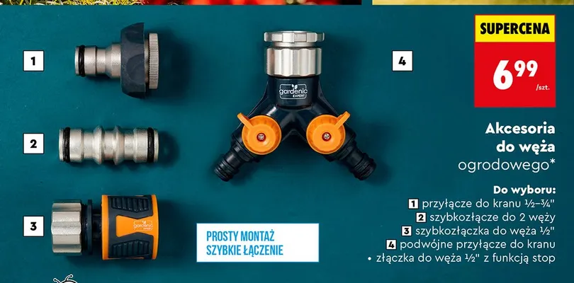 Akcesoria do węża ogrodowego - przyłącze do kranu ½–¾", szybkozłączce do 2 węży, szybkozłączka do węża ½", podwójne przyłącze do kranu, złączka do węża ½" z funkcją stop promocja w Biedronka