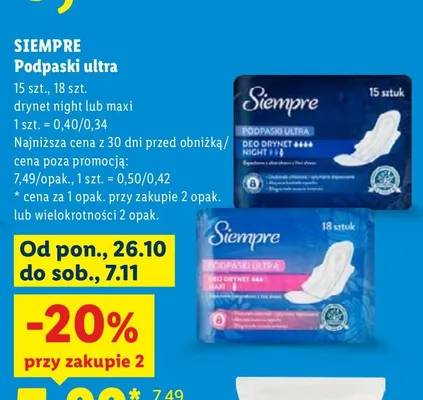 Podpaski ultra maxi Siempre promocja w Lidl