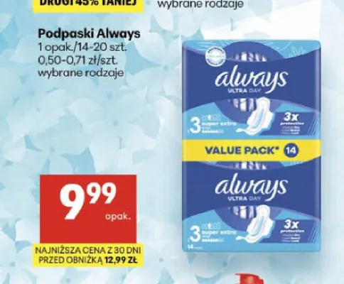 Podpaski Always Ultra Day promocja w Delikatesy Centrum