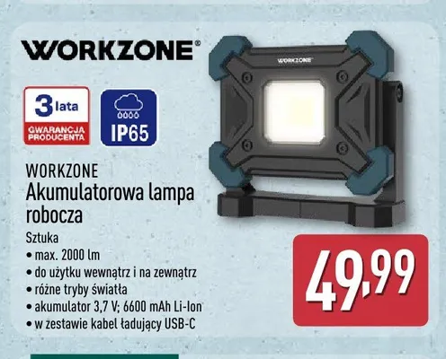 Akumulatorowa lampa robocza Workzone promocja w Aldi