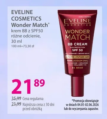 Krem BB z SPF50 EVELINE COSMETICS Wonder Match promocja w Hebe