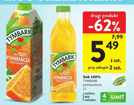Sok 100% pomarańcza promocja w Intermarche