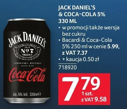 Jack Daniel's & Coca-Cola 5% 330 ml promocja w Selgros