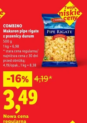 Makaron pipe rigate z pszenicy durum Combino promocja w Lidl