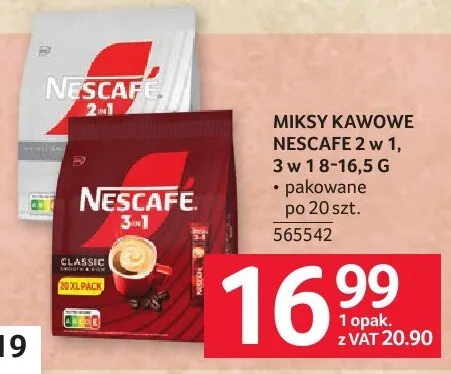 Kawa Nescafe 2 w 1, 3 w 1 145 g pakowane po 20 szt. promocja w Selgros