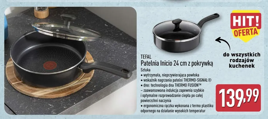 Patelnia Inicio 24 cm z pokrywką Tefal promocja w Aldi