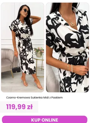 Sukienka midi czarno-kremowa z paskiem ModnaKiecka.pl promocja w Modna Kiecka