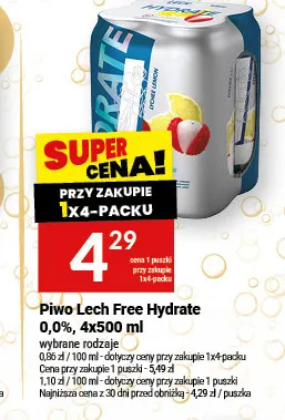 Piwo bezalkoholowe Lech Hydrate 4-pak 500 ml promocja w Twój Market