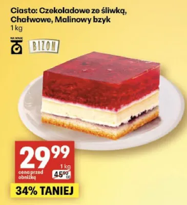 Ciasto czekoladowe ze śliwką, chałwowe, malinowy bzyk promocja w Delikatesy Centrum